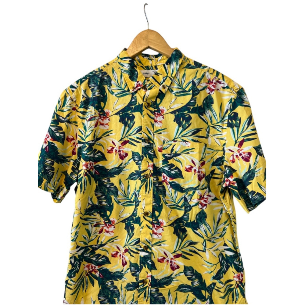 Old Navy Tropical Hawaiian Floral Button Up Shirt Yellow Large Slim Fit - Picture 3 of 10